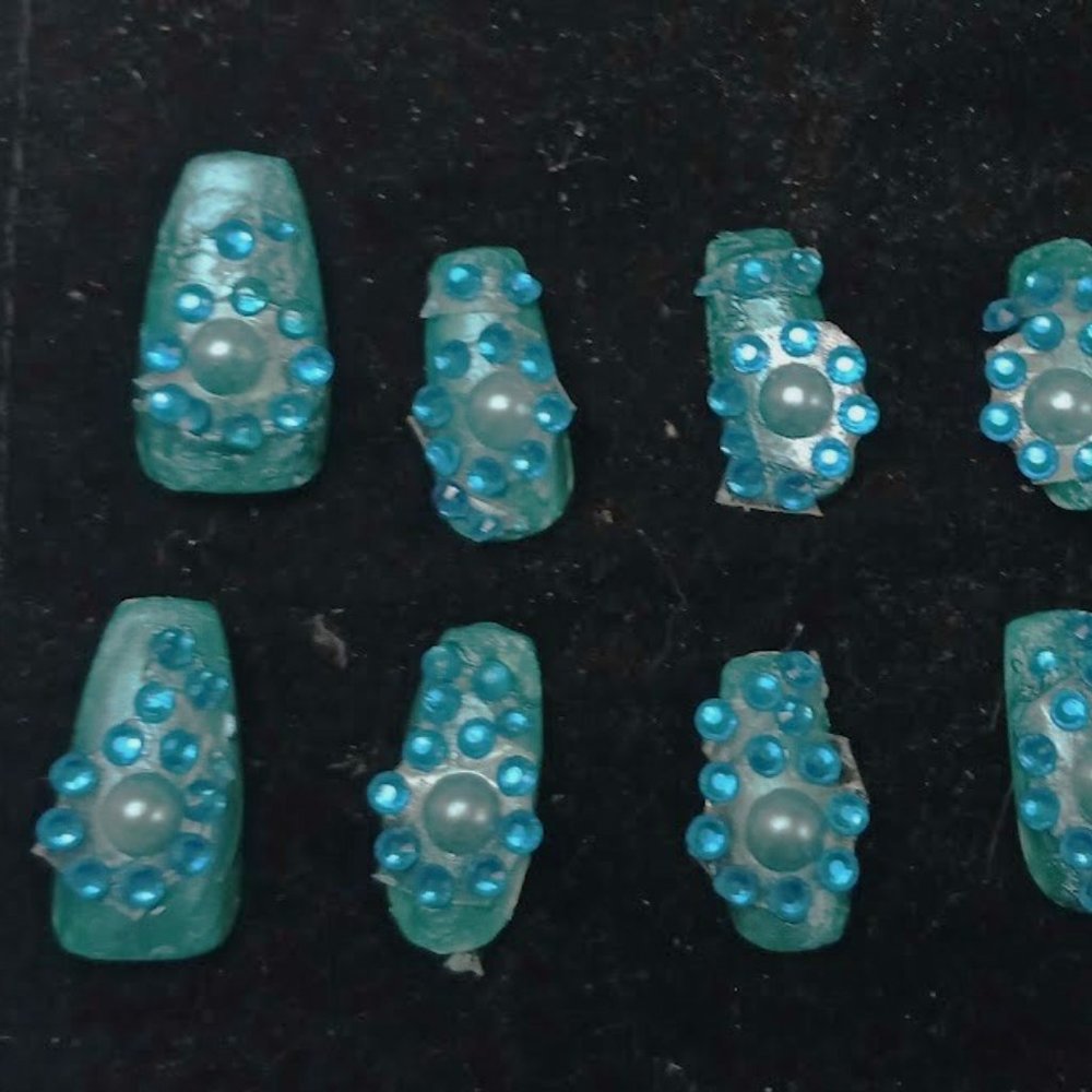 Custom Gel Press on Nails Handmade 10 pc set LONG Full Bling Gemstone TEAL